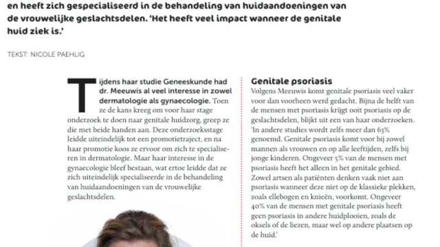 In het magazine Psoriasis vertelt dermatoloog Kim Meeuwis over de impact van psoriasis op intimiteit, hoe je het bespreekbaar maakt en welke behandelingen mogelijk zijn.